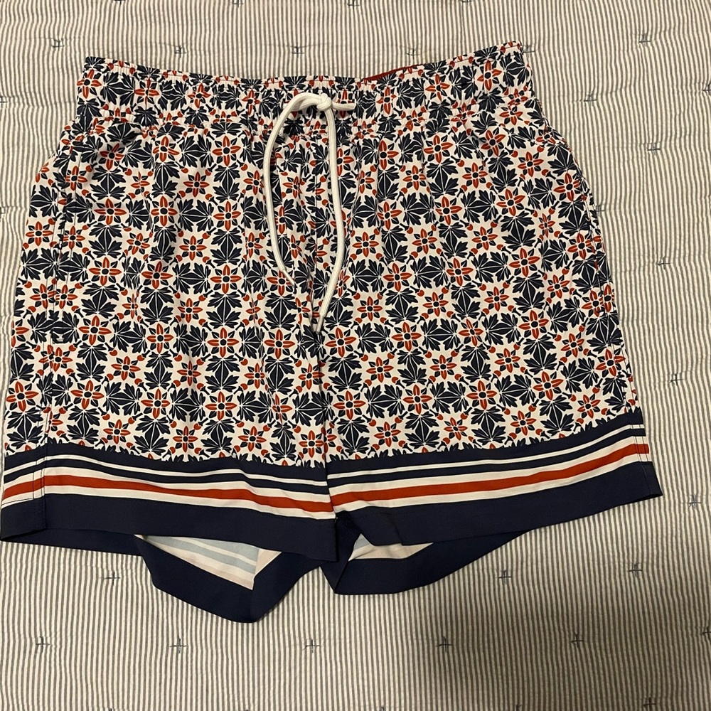 Navy and Red Patterned Men’s Swim Trunks